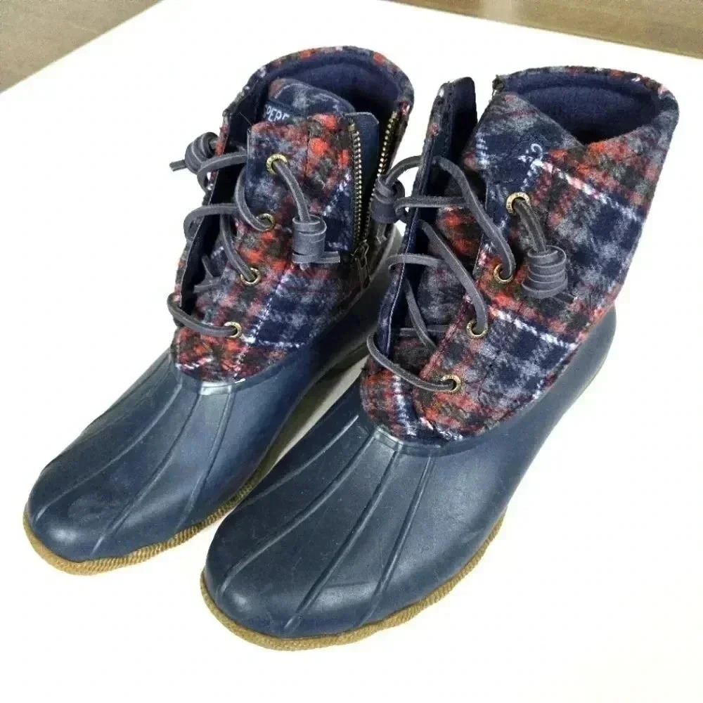 Sperry Navy Blue Rubber Duck Boots with Plaid Upper